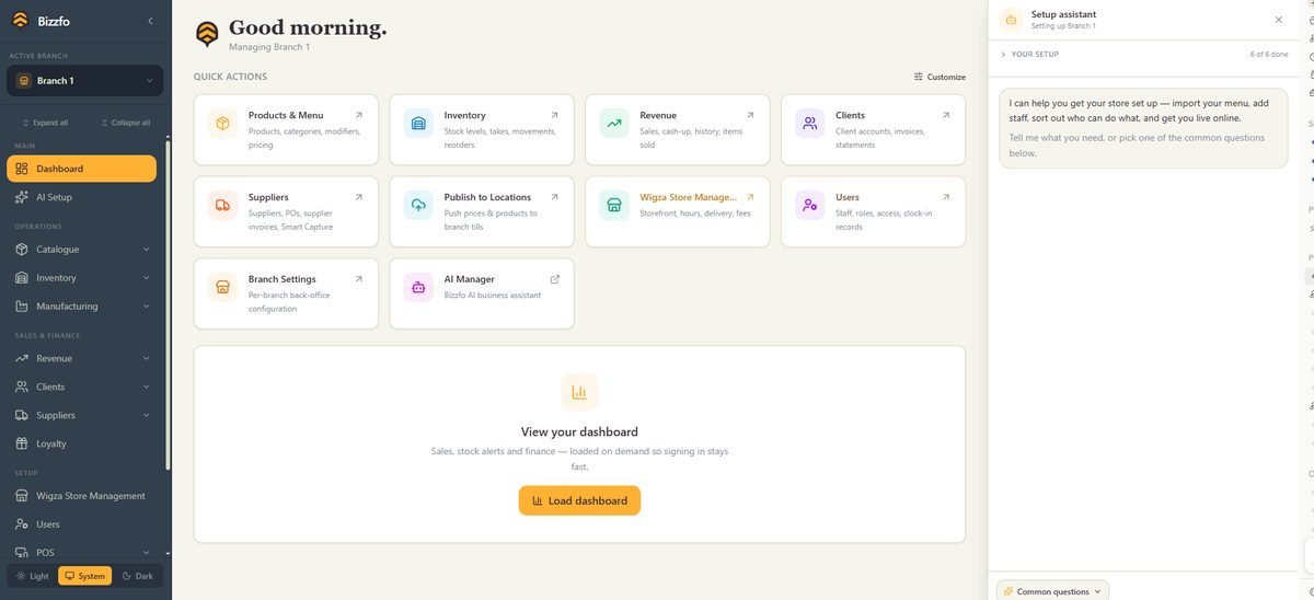 The Bizzfo Hive cloud back office: branch selector, quick actions for products, inventory, revenue, clients, suppliers and Publish to Locations, with the AI setup assistant open