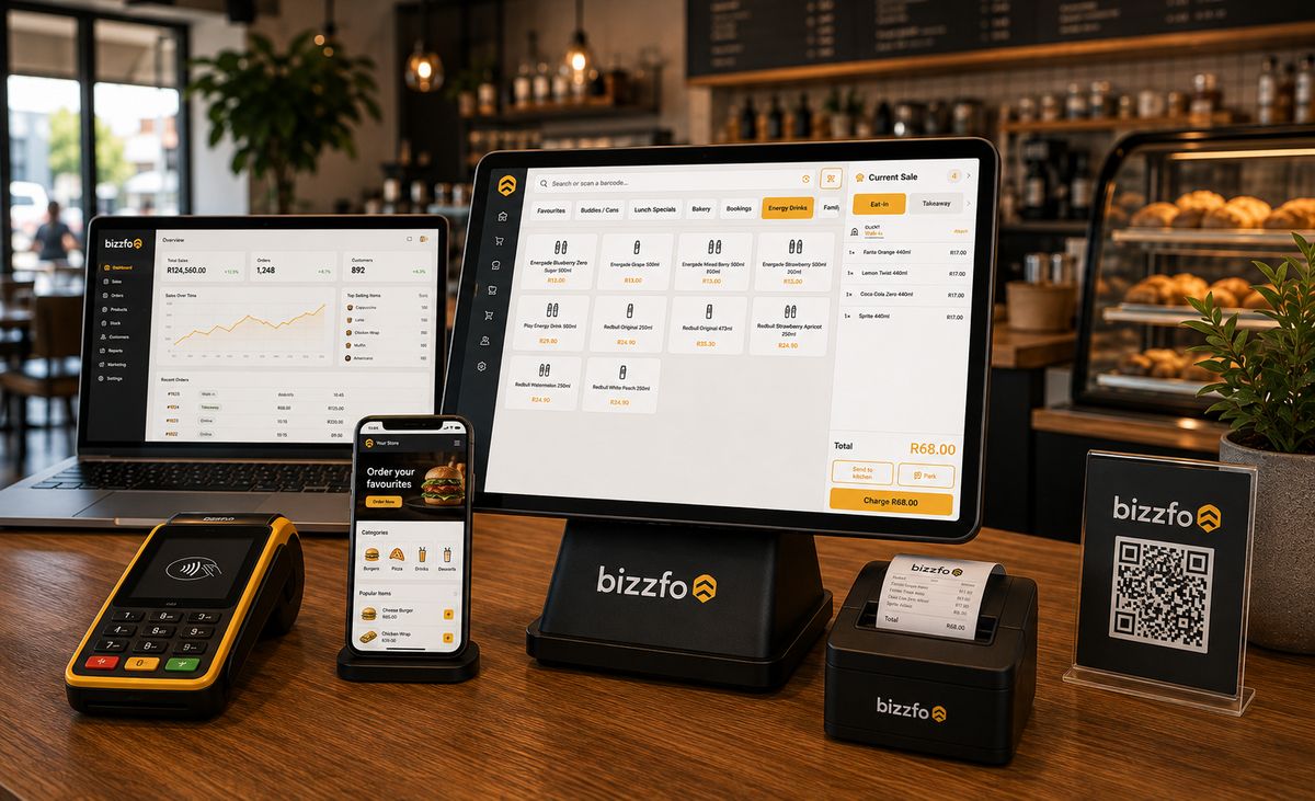 Bizzfo cloud POS running on a laptop back office, a tablet till, a customer ordering app on a phone, a card terminal, a receipt printer and a QR ordering stand on a caf&eacute; counter