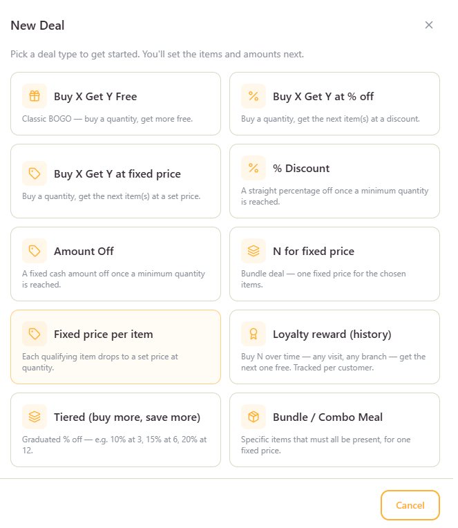 The New Deal screen in Bizzfo showing ten prebuilt promotion types including buy one get one free, tiered discounts, combo meals and a history-based loyalty reward
